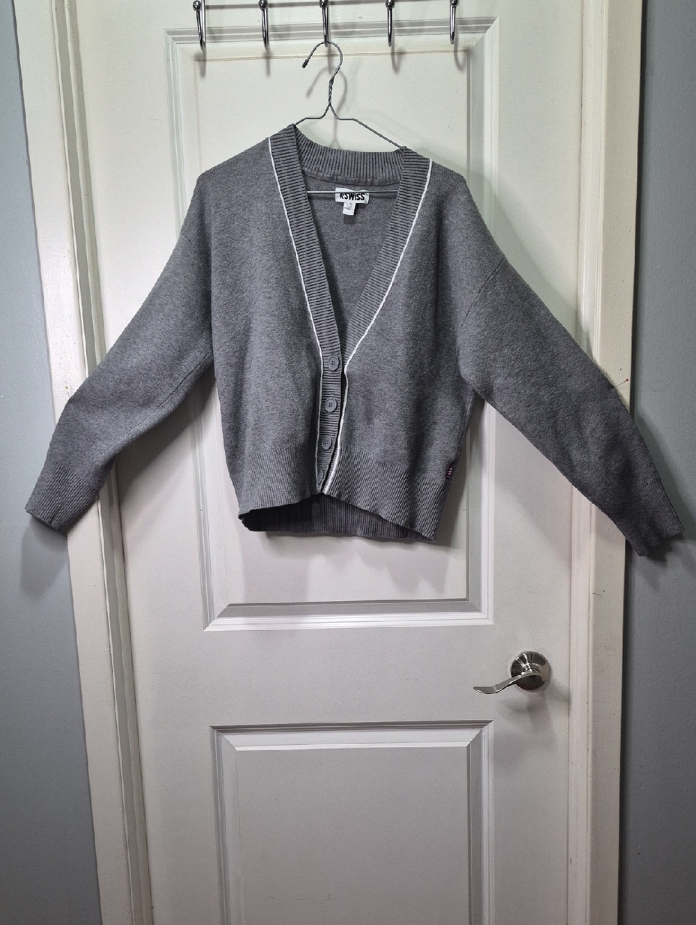 K-Swiss Gray Cropped V-Neck Cardigan with White Trim